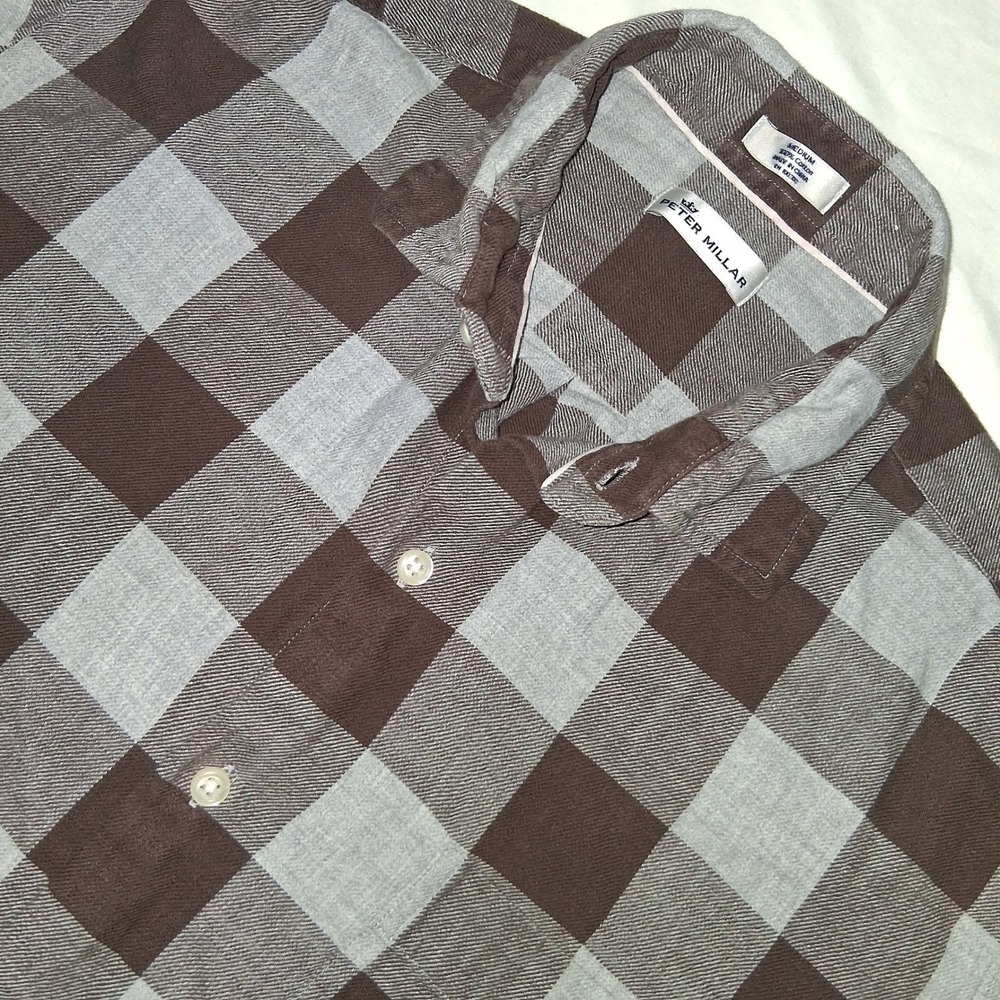 Peter Millar Mens Shirt Medium Brown Gray Checkered Long Sleeve Button‎ Down